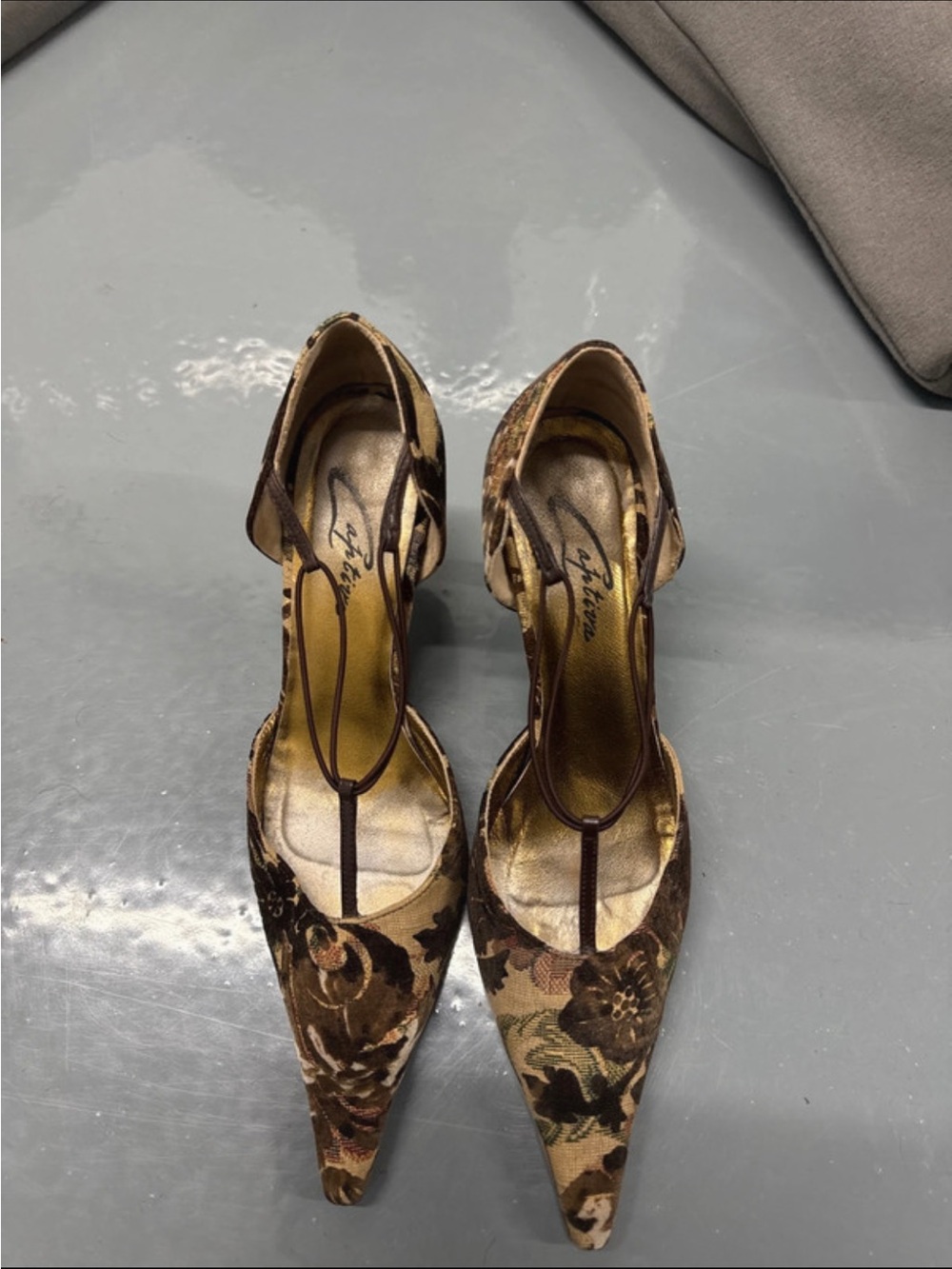 Celine Brown Floral T-Strap Pointed Pumps with matching Purse